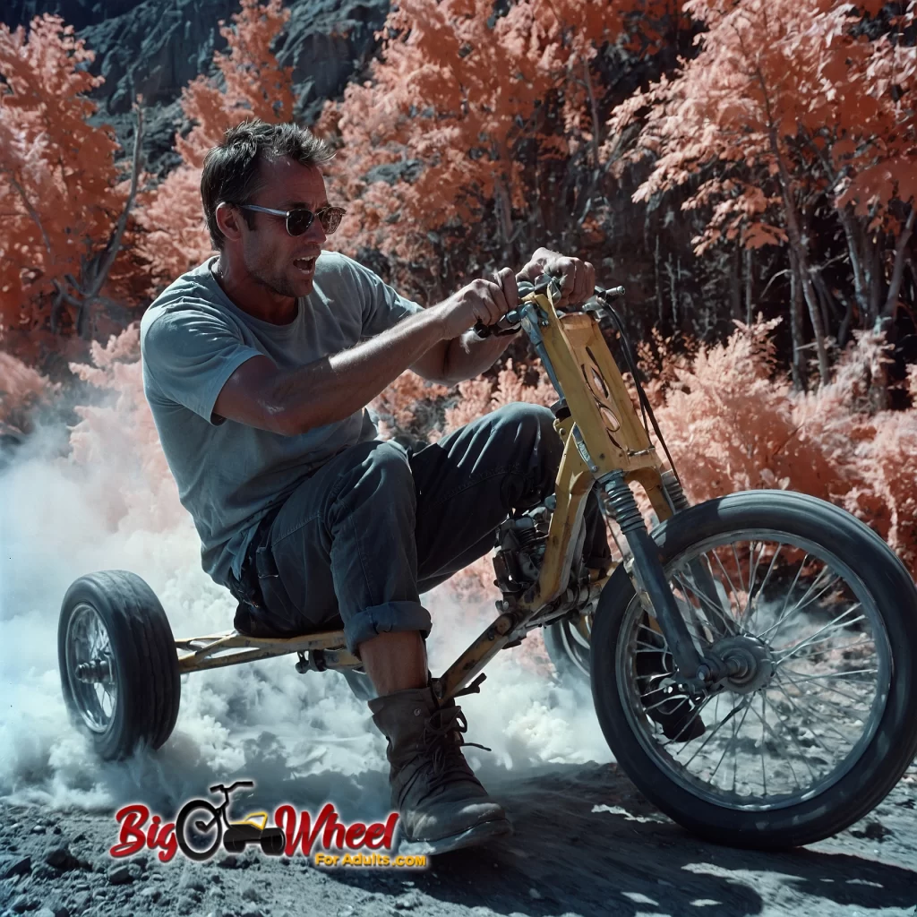 a rugged, masculine man riding a big wheel bike for adults